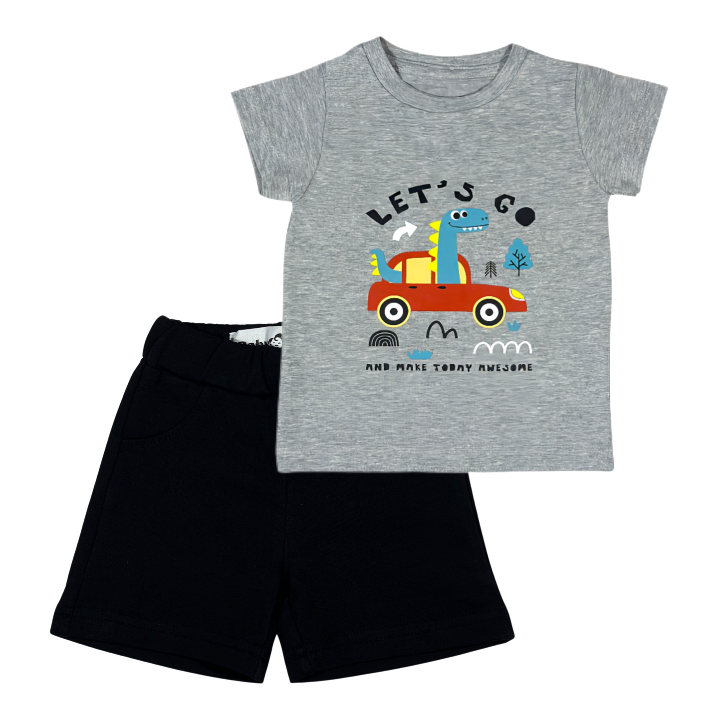 Grey Dinosaur in Car Set(Grey t-shirt + Black Shorts)