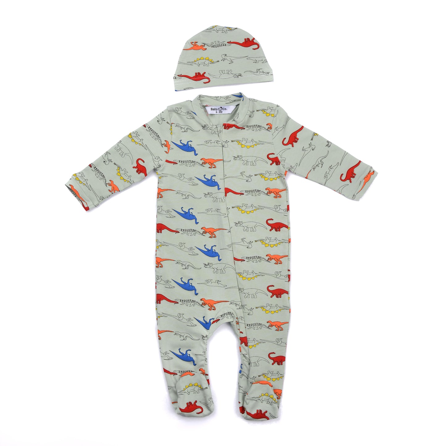 Mint Dinos Soft Cotton Baby Bodysuit With Ice Cap