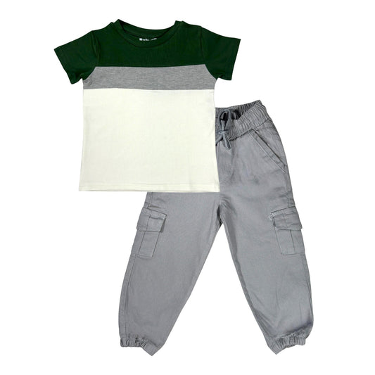 Multicolor Boys Set (Olive green Multicolor t-shirt & Grey Cargo Pants)