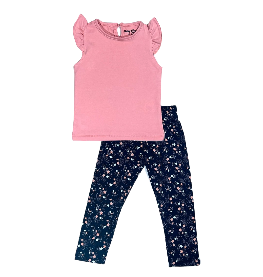 Stars Cotton Baby Set (Pink T-shirt + Black Stars Leggings)