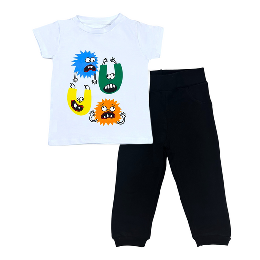 Monsters Cotton Set (White T-shirt + Black Sweatpants)