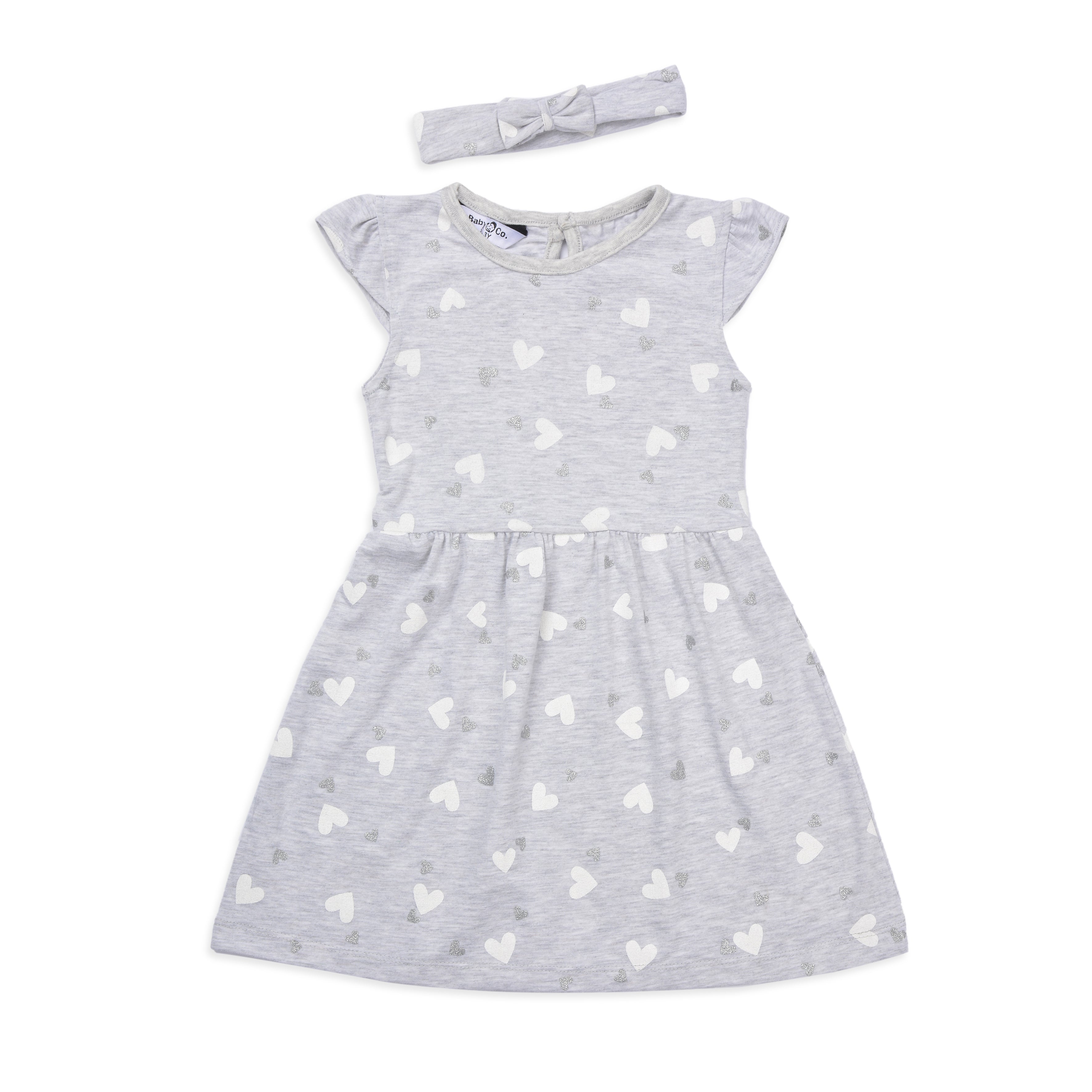 فستان رمادي مطبوع عليه قلوب مع رباط رأس