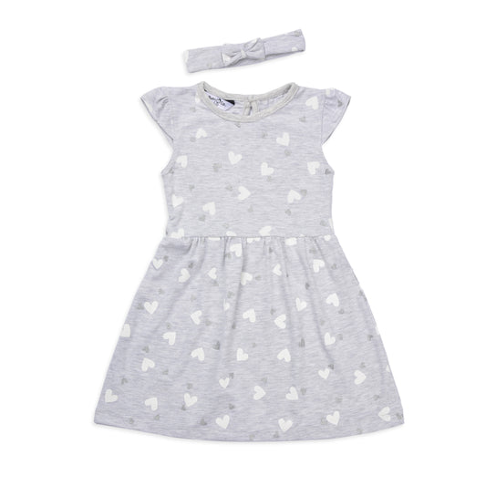 Grey Hearts Printed Dress With Head Band