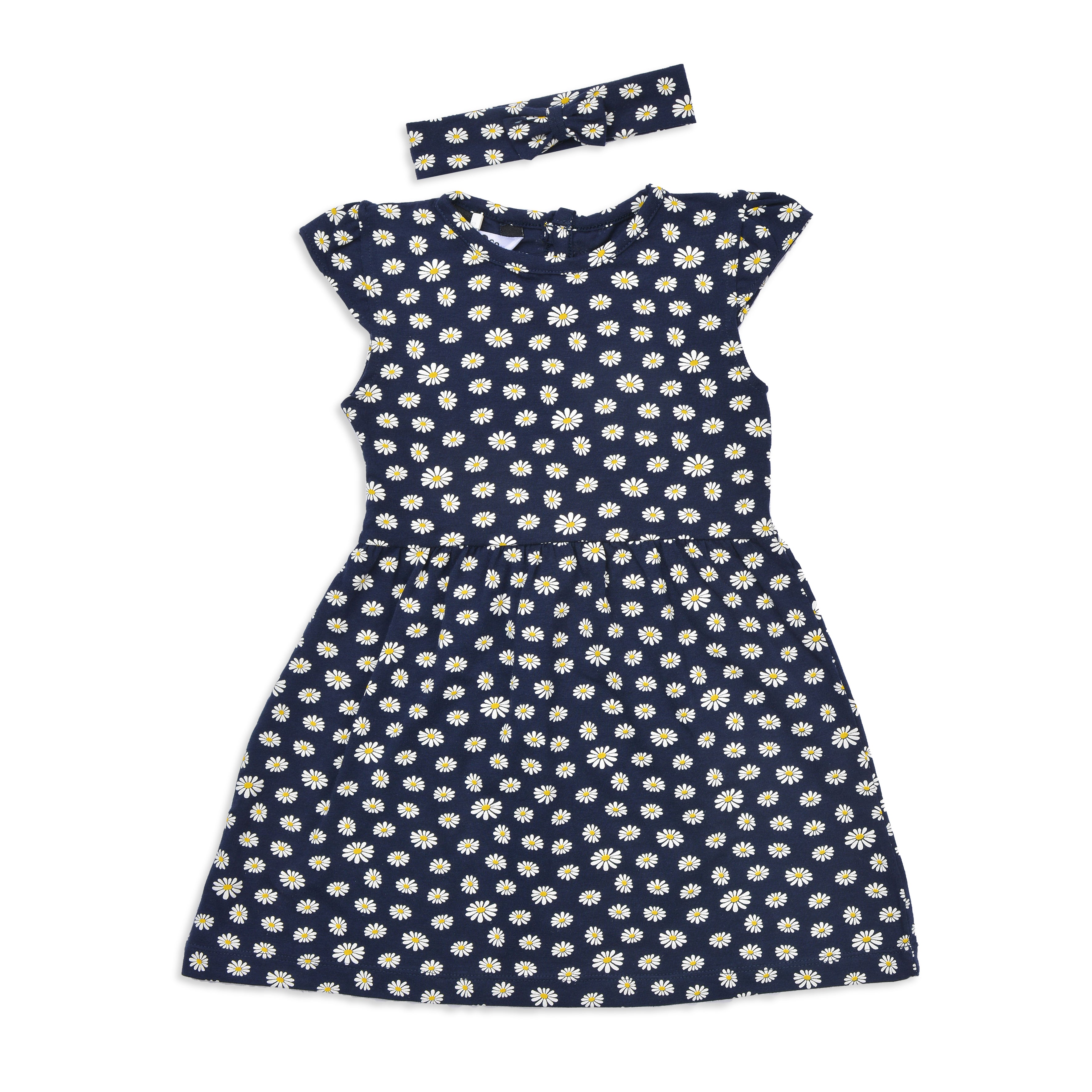 فستان مطبوع عليه زهور زرقاء مع رباط رأس