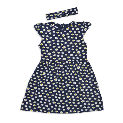 Blue Flowers Printed Dress With Head Band