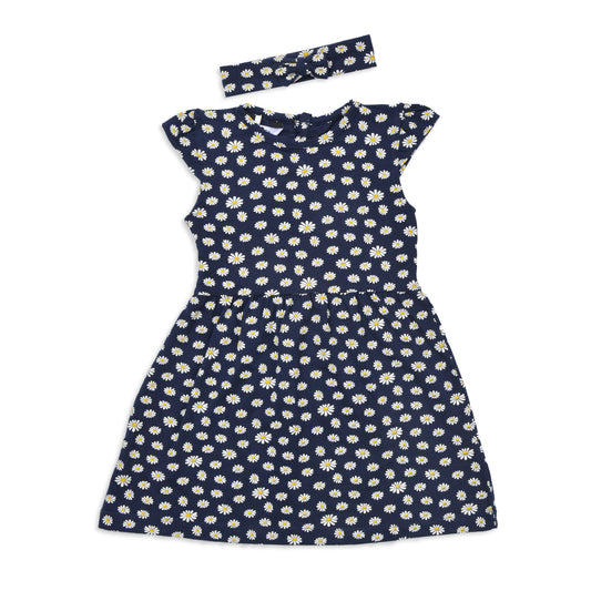 Blue Flowers Printed Dress With Head Band