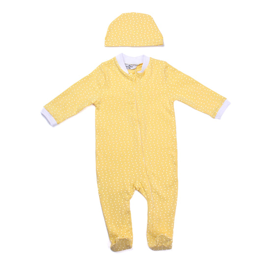 Yellow Dotted Soft Cotton Baby Bodysuit With Ice Cap