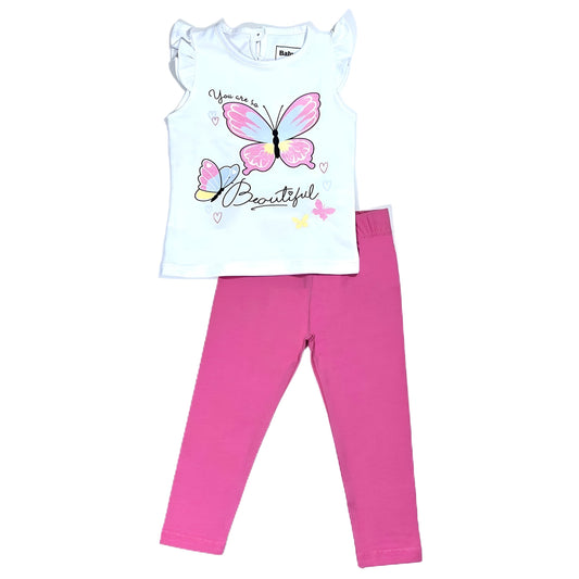 Butterfly Cotton Baby Set (White T-shirt + Pink Leggings)