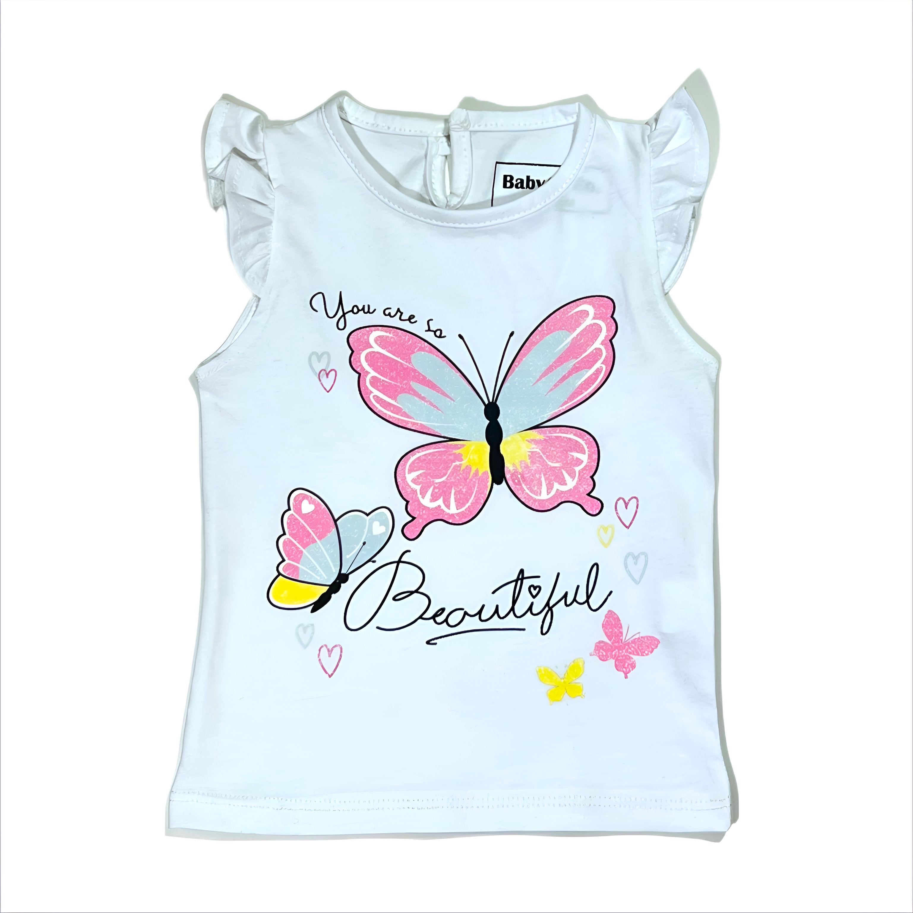 تي شيرت قطني أبيض برسومات فراشات