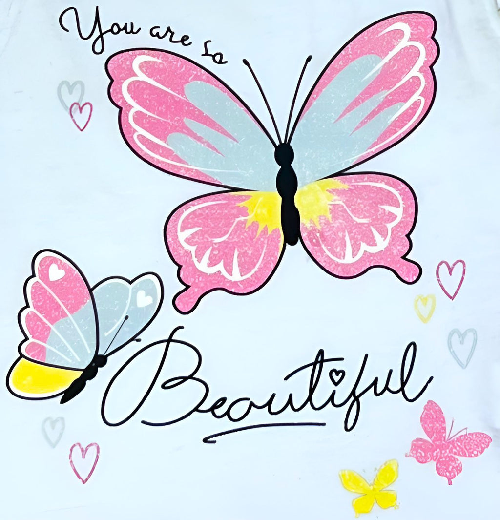 تي شيرت قطني أبيض برسومات فراشات