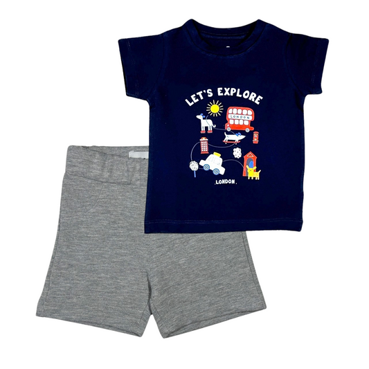 Navy Let's Explore Cotton Set (Navy t-shirt + Light grey Shorts)