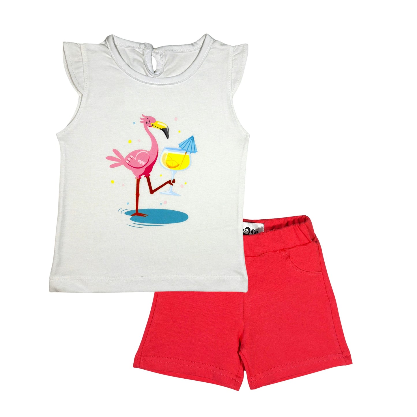 Flamingo White T-shirt Short Set (White T-shirt + Pink Shorts)