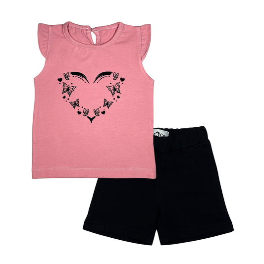 Butterflies Heart Girl Set (Pink T-shirt + Black Shorts)