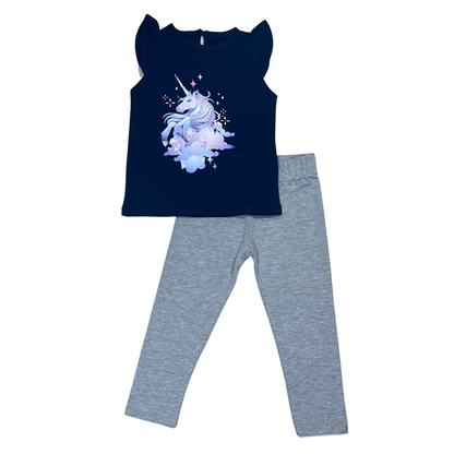 Unicorn Cotton Baby Set (Blue T-shirt + Light Grey Leggings)