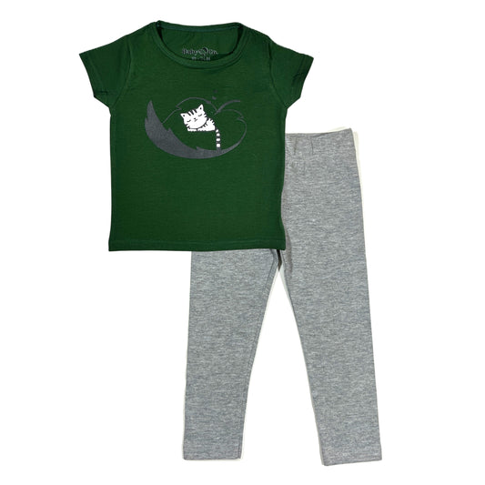 Sleeping Cat Girl Set (Green T-shirt & Grey Leggings)