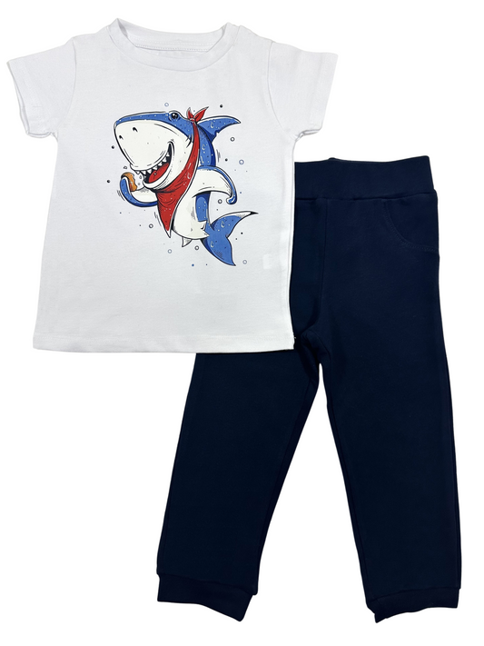 Shark Cotton Set (White T-shirt + Navy Sweatpants)